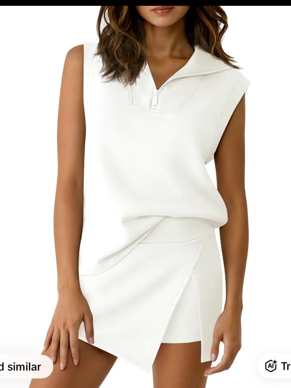 Sleeveless White Zip-Notch Neck Top and Skort Set. Size Large. White.